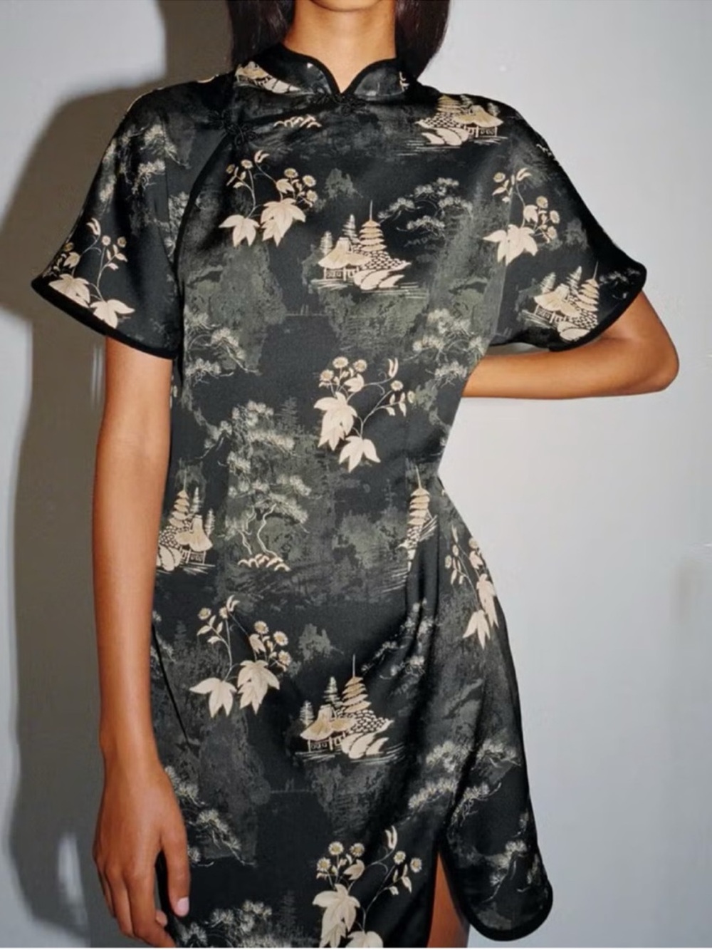 Zara Black Satin Floral-Print Mini Dress Asian inspired